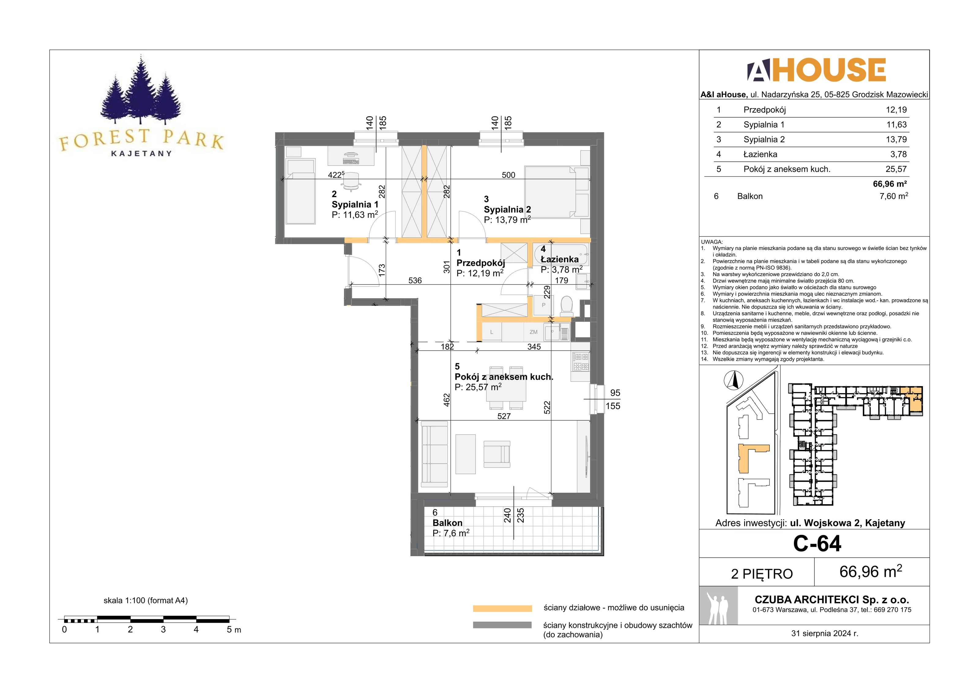 3 pokoje, mieszkanie 66,96 m², piętro 1, oferta nr C-64, Forest Park Kajetany, Kajetany, ul. Wojskowa 2